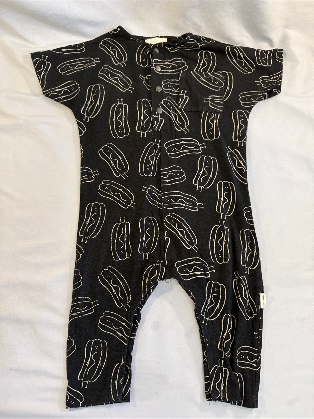 Griege - LIKE NEW rayon/organic blend Black Hot Dog Print Baby One-Piece Romper
